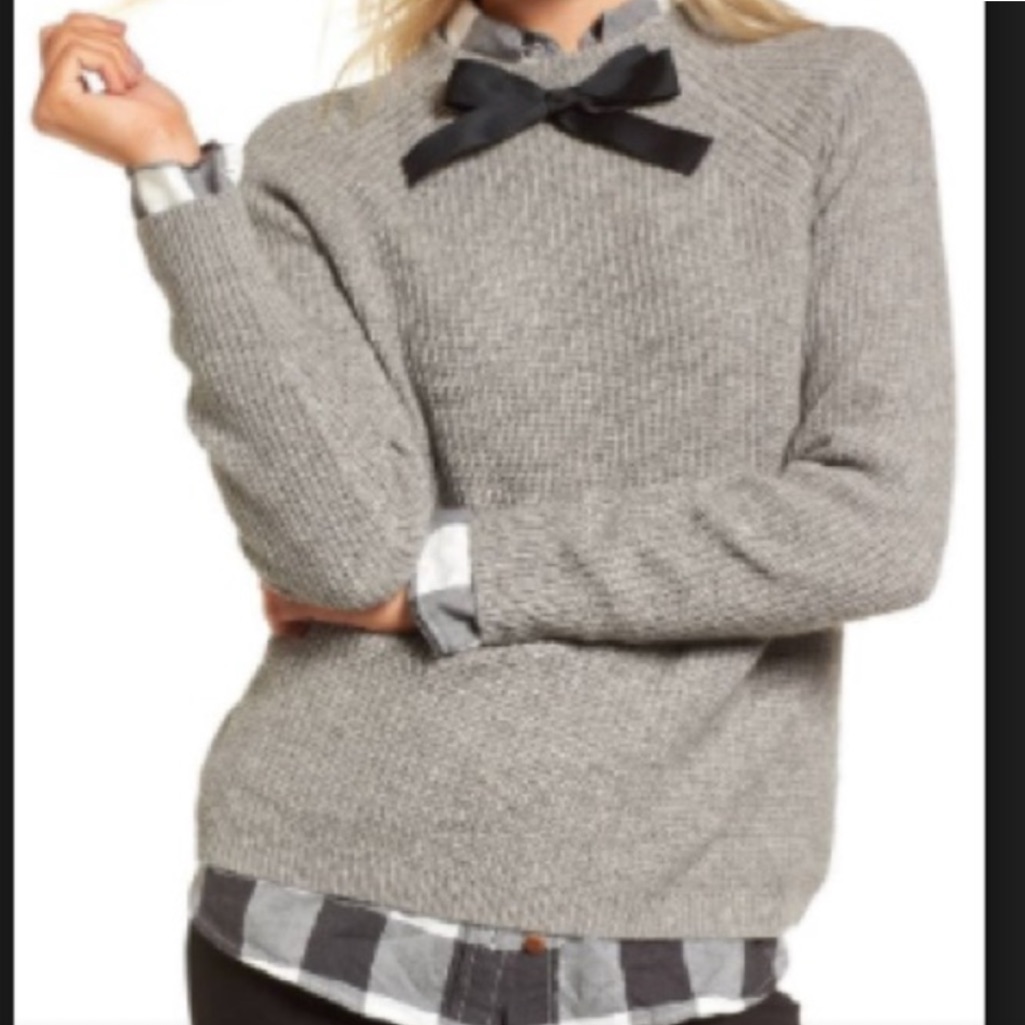 J. Crew Gayle Black Ribbon Tie Neck Ribbed Grey Preppy Sweater, Size Small